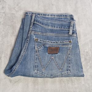 Wrangler Jeans Mens 30x34 Retro Slim Boot Blue Denim Med Wash Whiskering WLT77LY